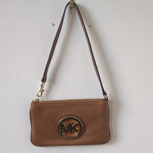 Michael Kors Tan Pebbled Leather Wristlet with Gold MK Plaque